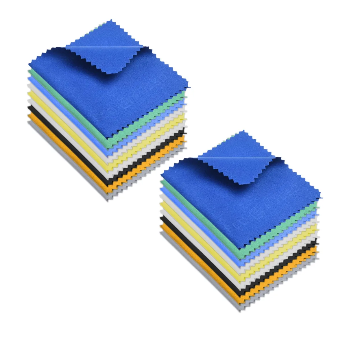 Eighteen small blue microfiber cloths stacked together