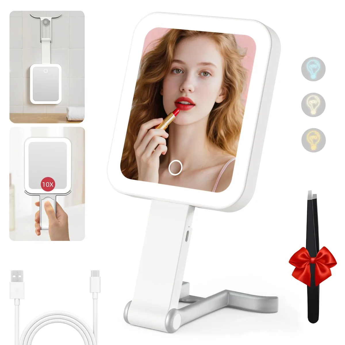 Rectangular ivory-white ABS mirror with 360-degree folding handle and LED light ring