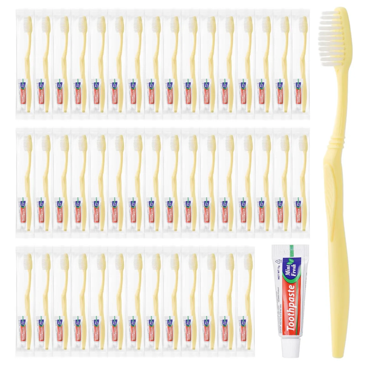 Box of 100 yellow travel toothbrush kits, each individually wrapped with mini toothpaste