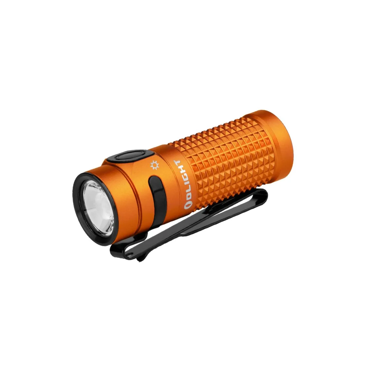 Orange cylindrical aluminium flashlight with magnetic tail cap and two-way clip
