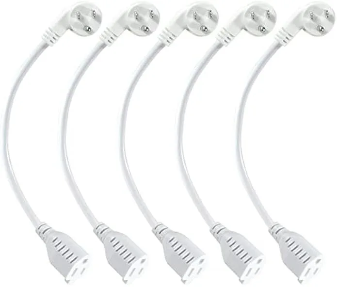 White 1 ft flat right-angle power extension cords, five pack