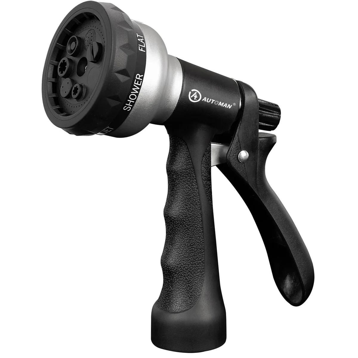 Silver ABS pistol-grip hose nozzle with pattern dial and lock bar