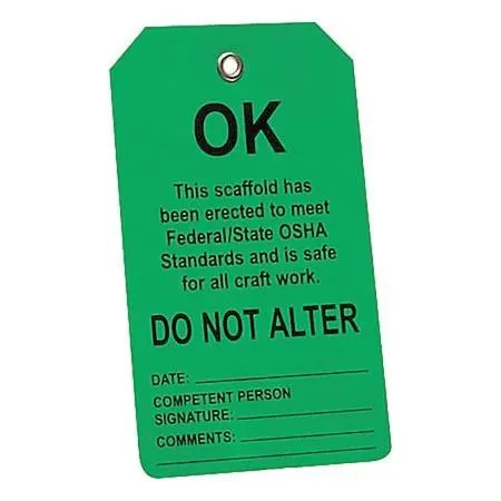 Rectangular green plastic safety tags, pack of 25