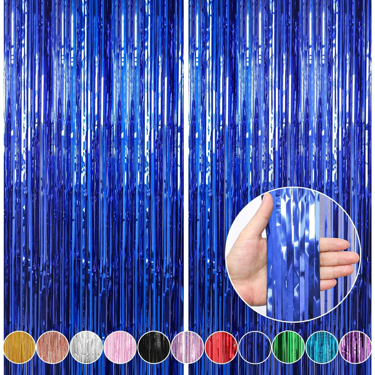 Two dark blue foil fringe curtains, each 3.3 by 9.9 ft, shiny tinsel strips hanging from adhesive top edge
