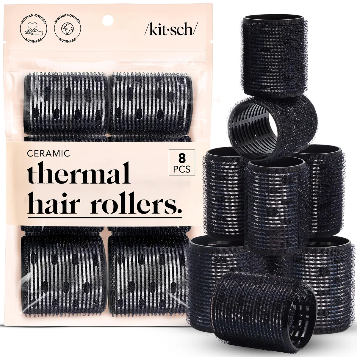 Eight black ceramic rollers with hook-and-loop surface in a compact set