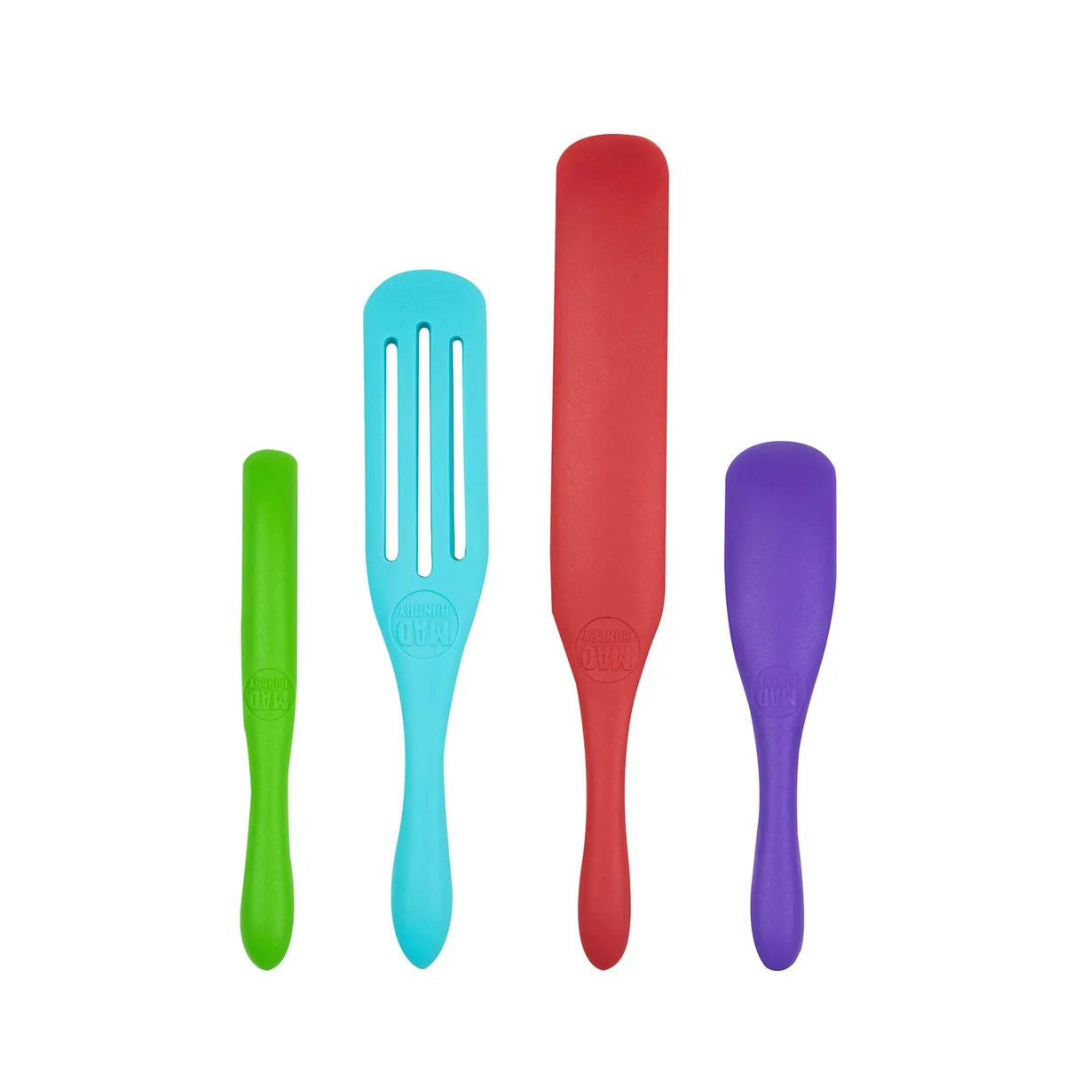 Four silicone spurtles in assorted shapes and lengths, multi-coloured matte finish