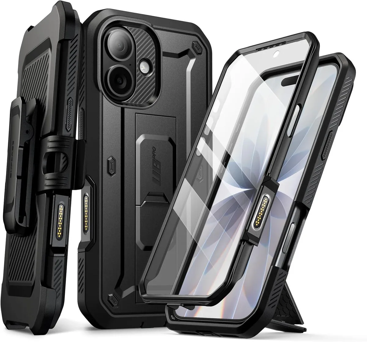 Black heavy-duty case with kickstand and screen protector for iPhone 17
