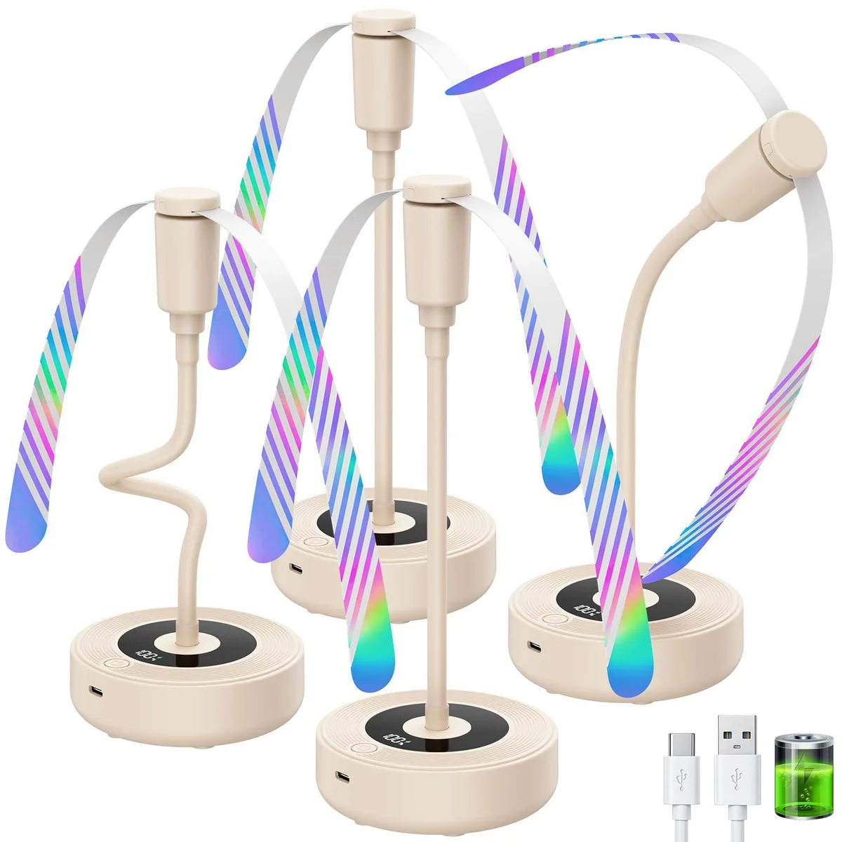 Silver metal table fan with flexible gooseneck stand and holographic coated blades, LED display visible on base