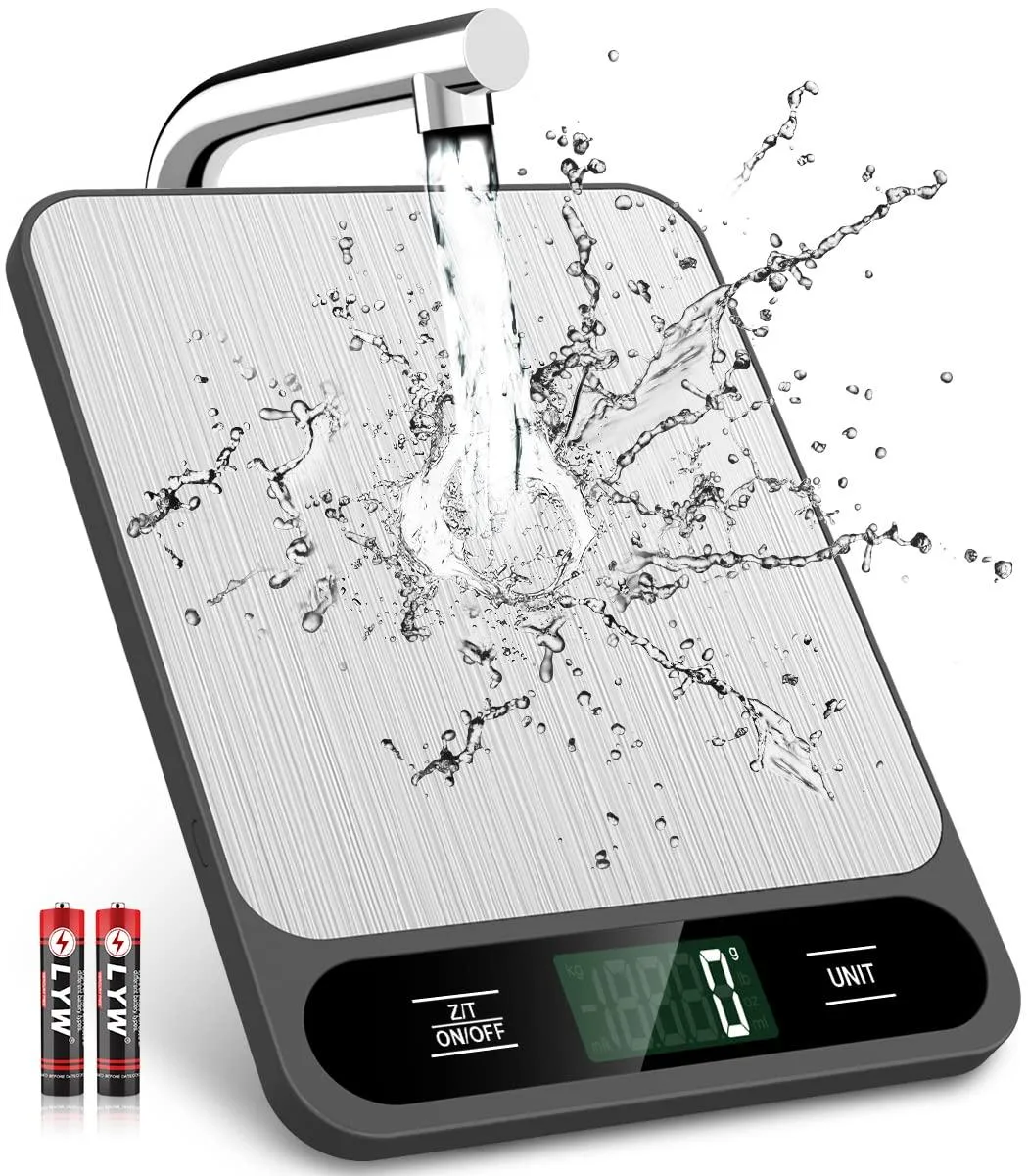 Twelve black digital kitchen scales with stainless steel platforms and LCD displays