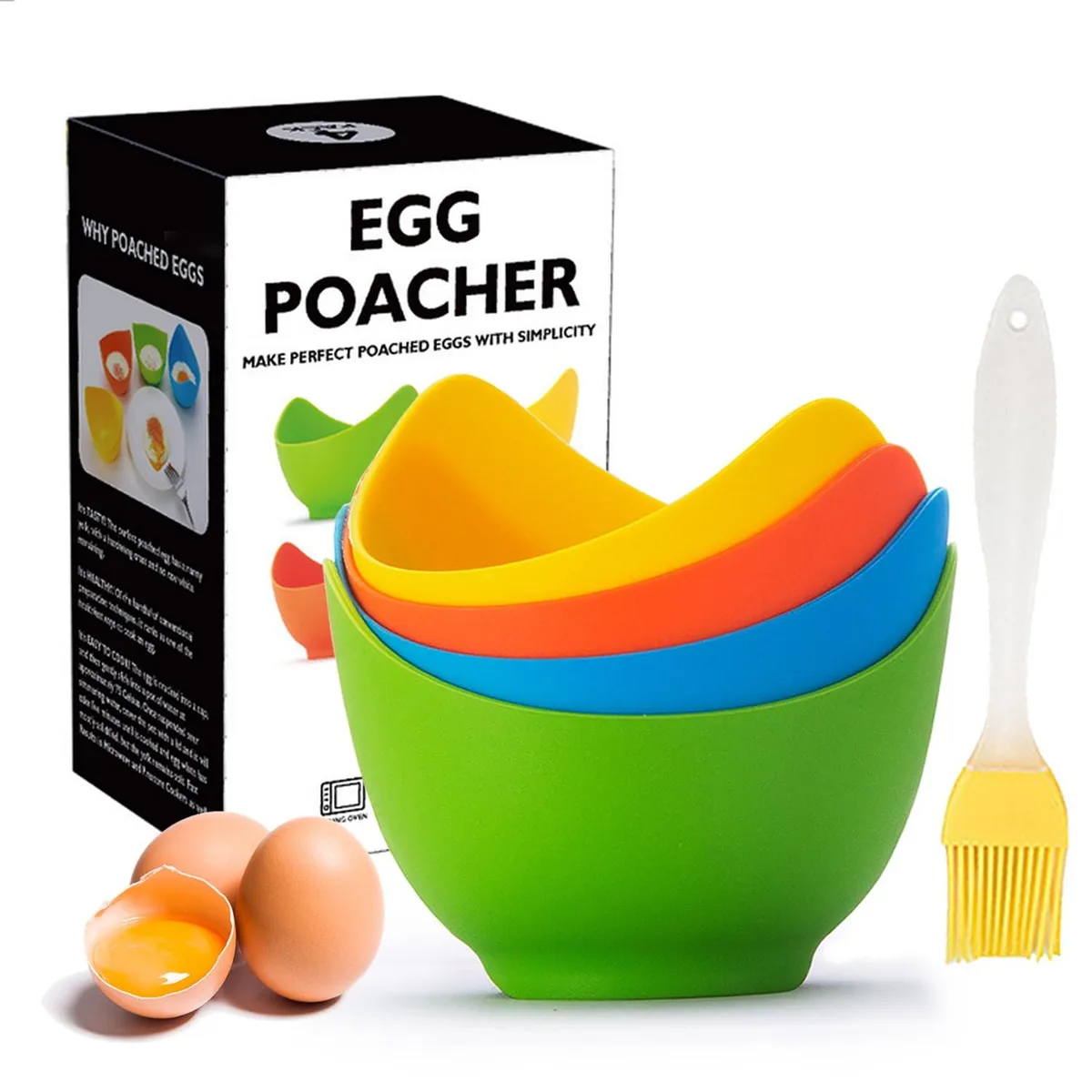 Four colourful silicone egg poacher cups with ring bases and a brush