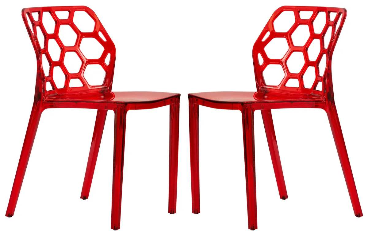 LeisureMod LeisureMod Dynamic Honeycomb Stackable Chair Transparent Red Set of 2 — product photo