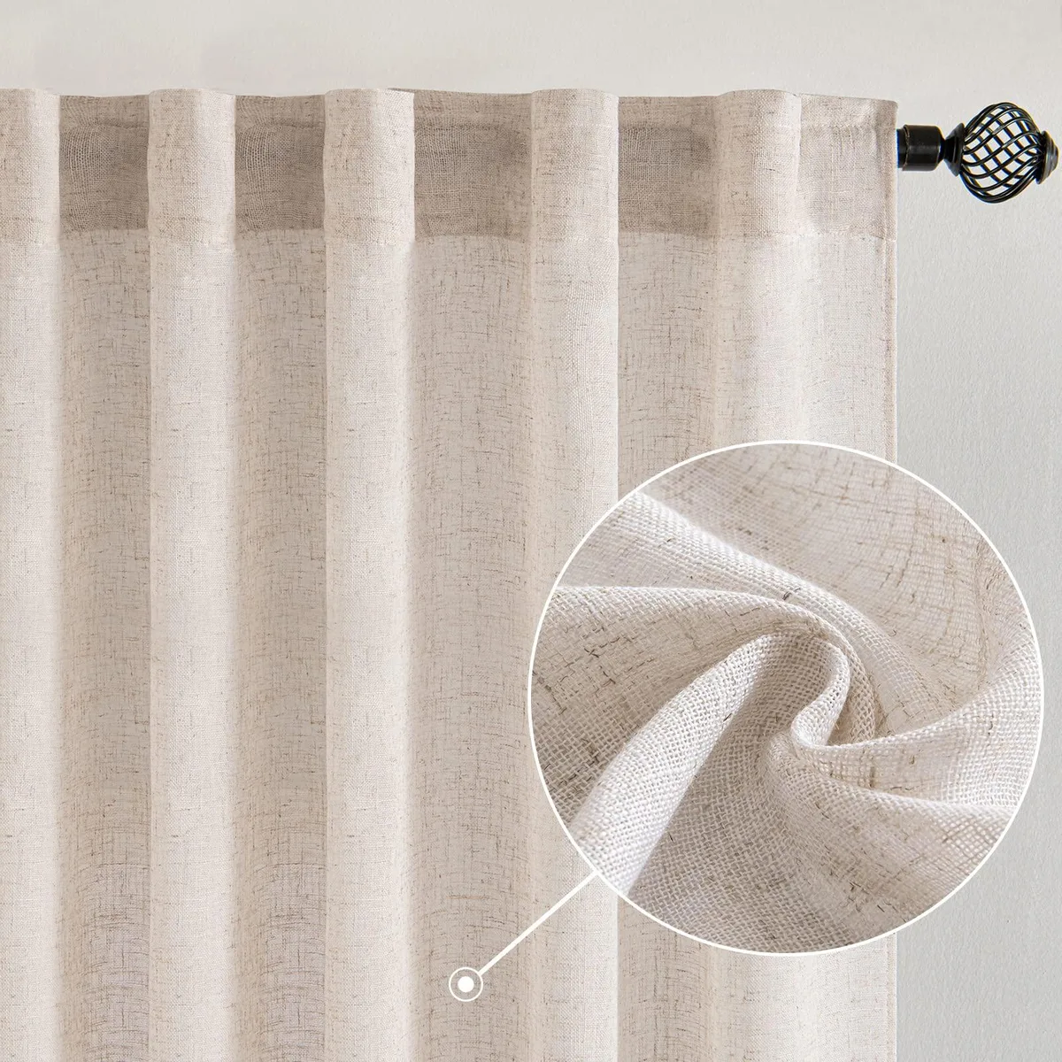 Two natural white linen blend curtain panels with rod pocket and back tab headers, soft textured semi-sheer fabric