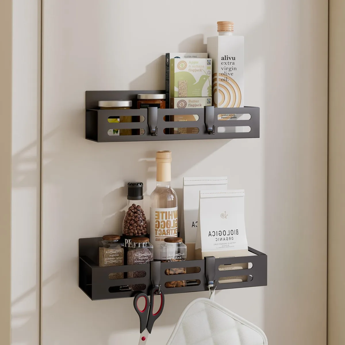 Red 34-inch two-tier magnetic spice rack set, plastic finish with hooks