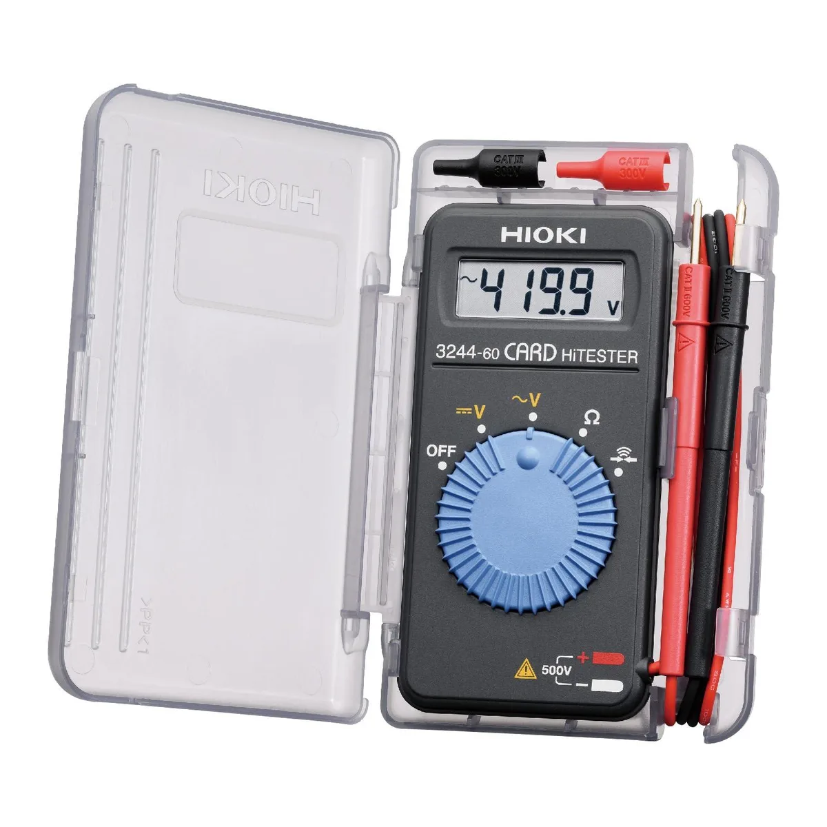 Ultra-thin digital multimeter in dark case, test leads attached