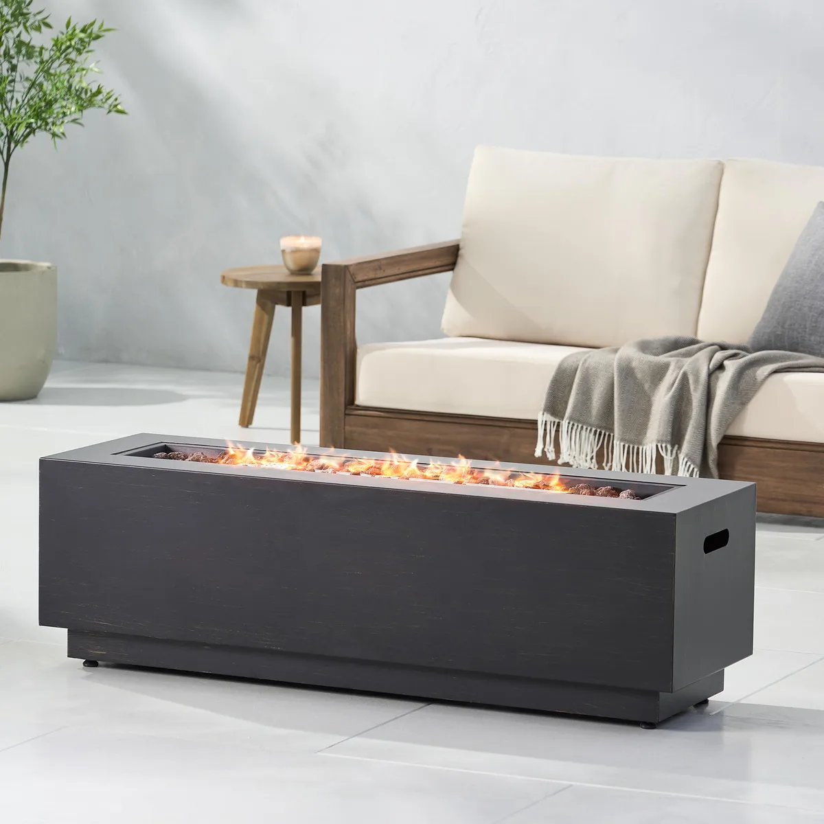 Rectangular powder-coated iron fire pit, 48 inches wide by 15 inches deep and high, propane 50000 BTU