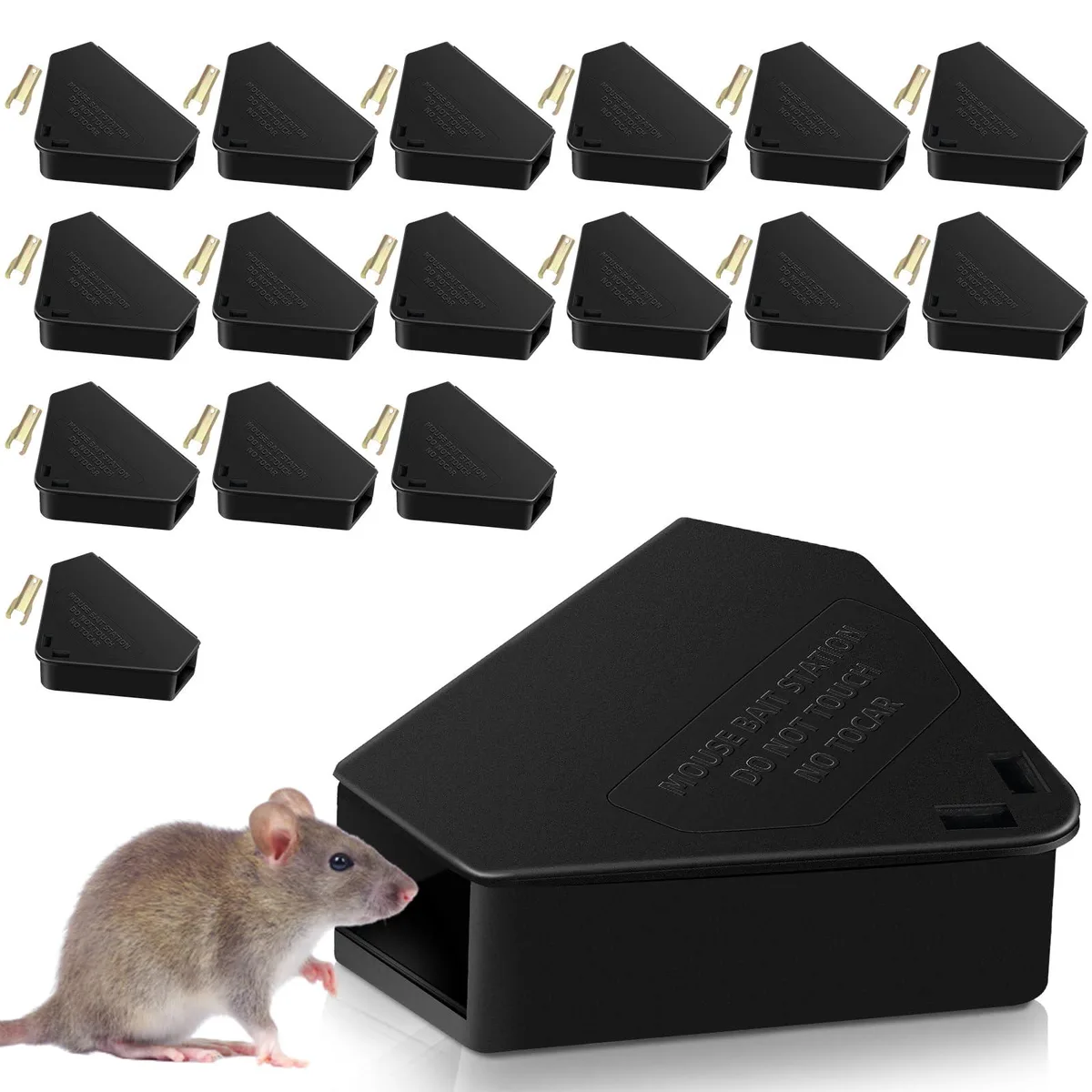 Eight black triangular ABS plastic mouse stations with silver keys arranged on a flat surface