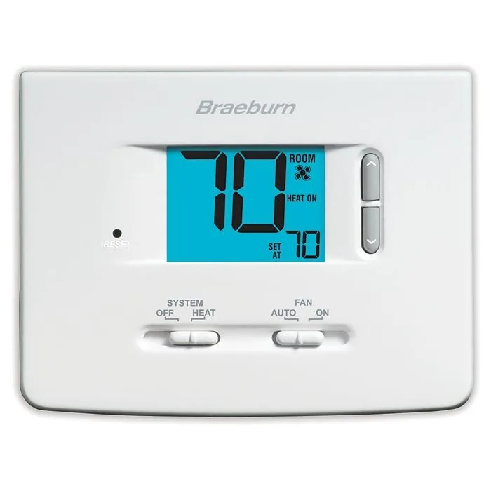 White rectangular thermostat with digital display and push buttons