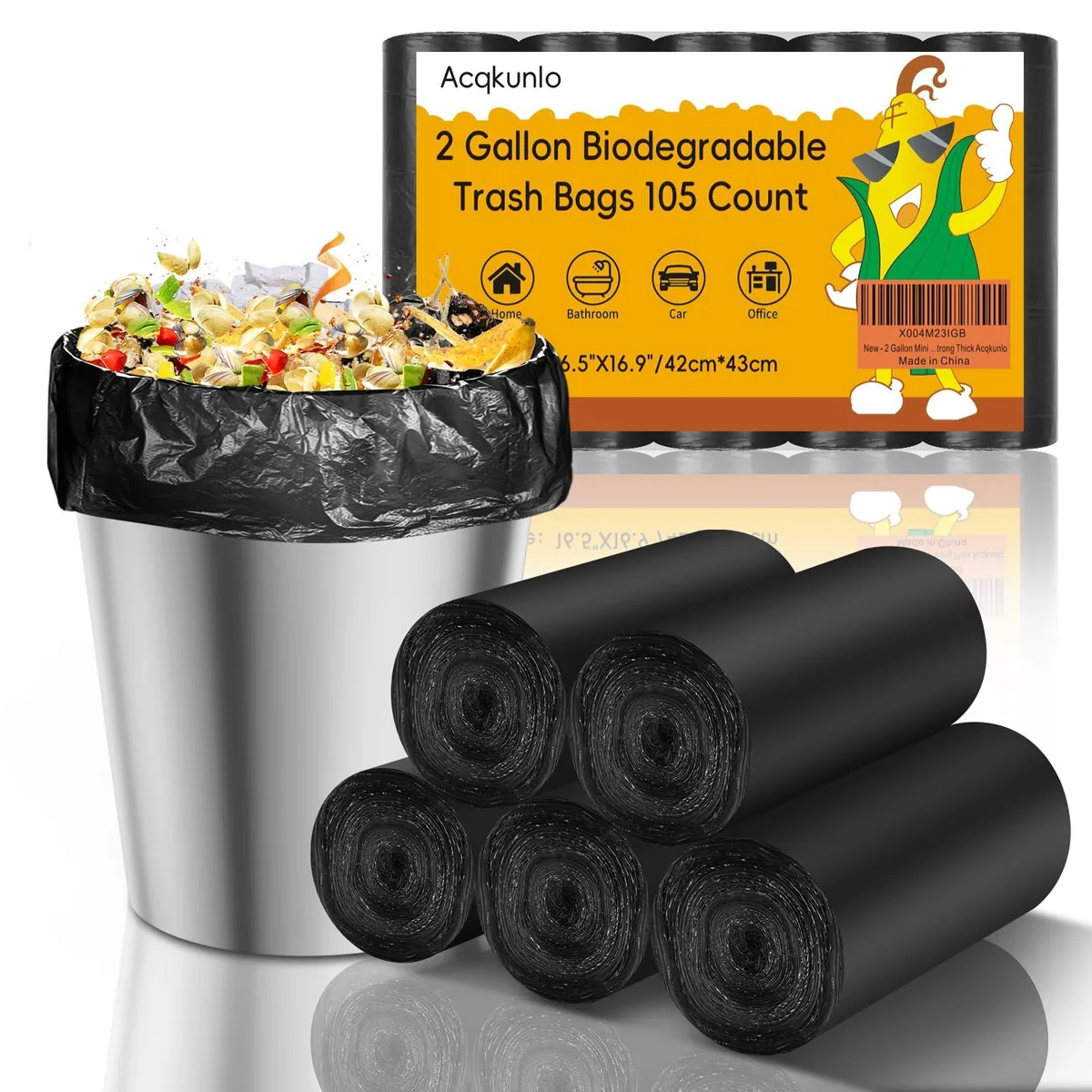 Flat pack of black biodegradable mini trash bags 105 count
