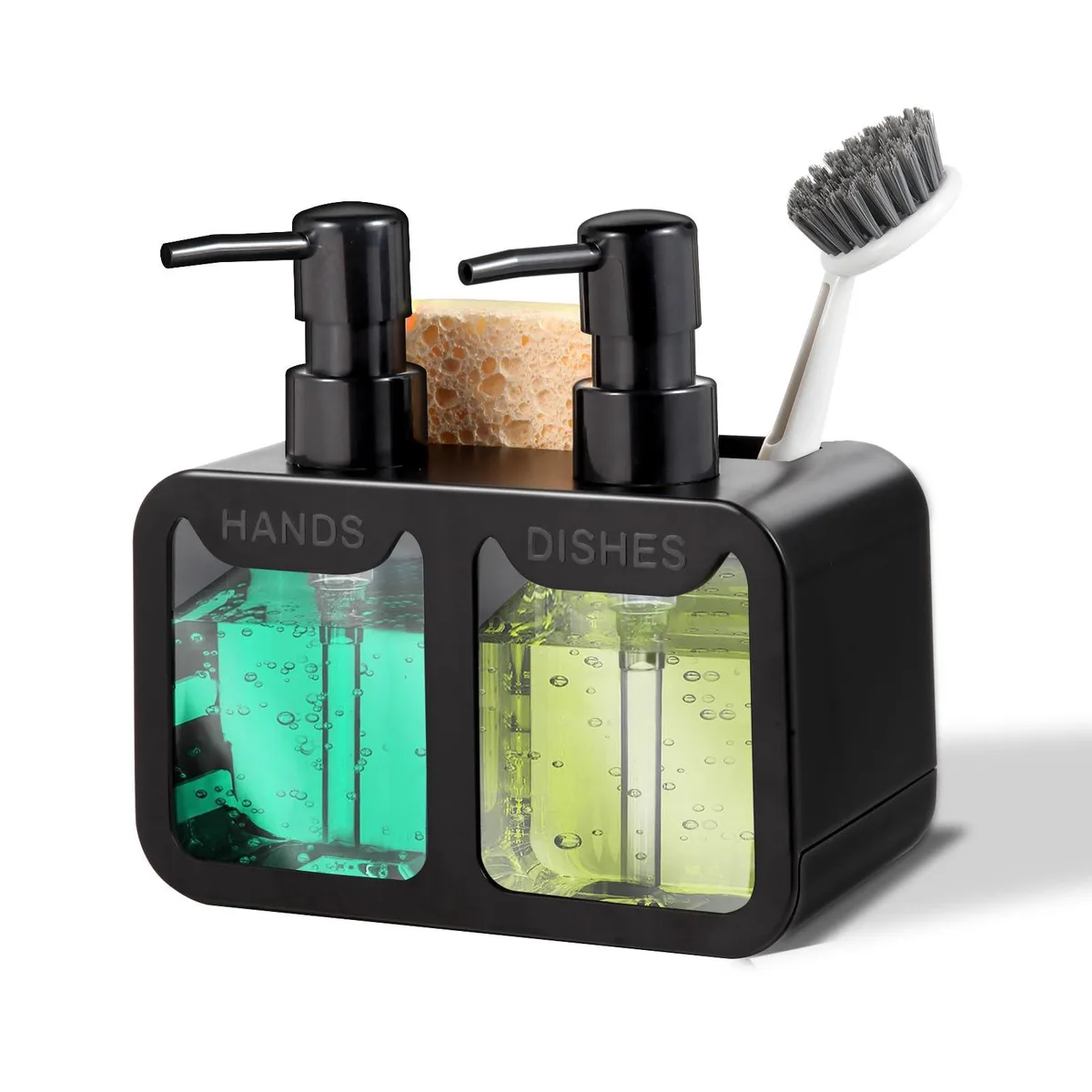 Black rectangular 4-in-1 soap dispenser set with two transparent bottles, sponge tray and brush holder, 7.1 by 4.1 by 6.8 inches