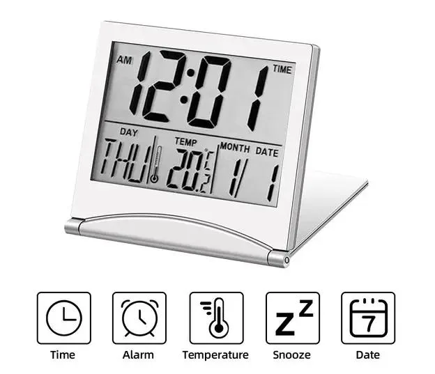 NShi NShi Digital Travel Alarm Clock Foldable Temperature LCD Silver — product photo