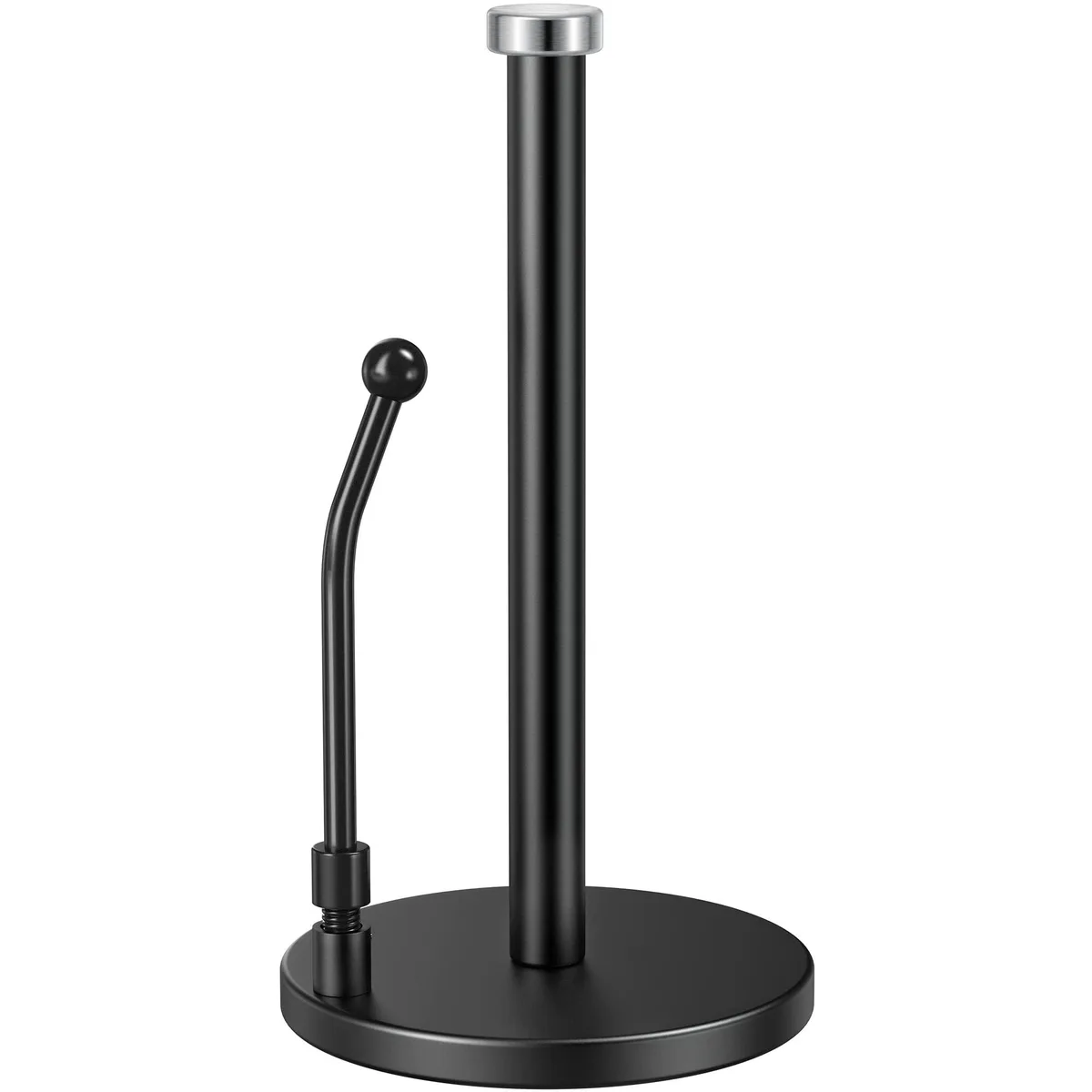 Black stainless steel paper towel holder with weighted base and spring arm