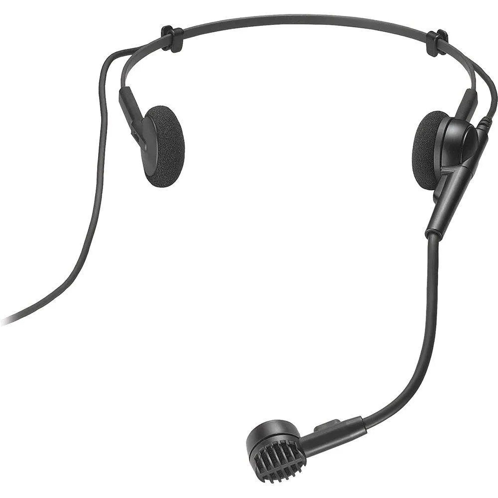 Black headworn microphone with flexible boom and XLR cable