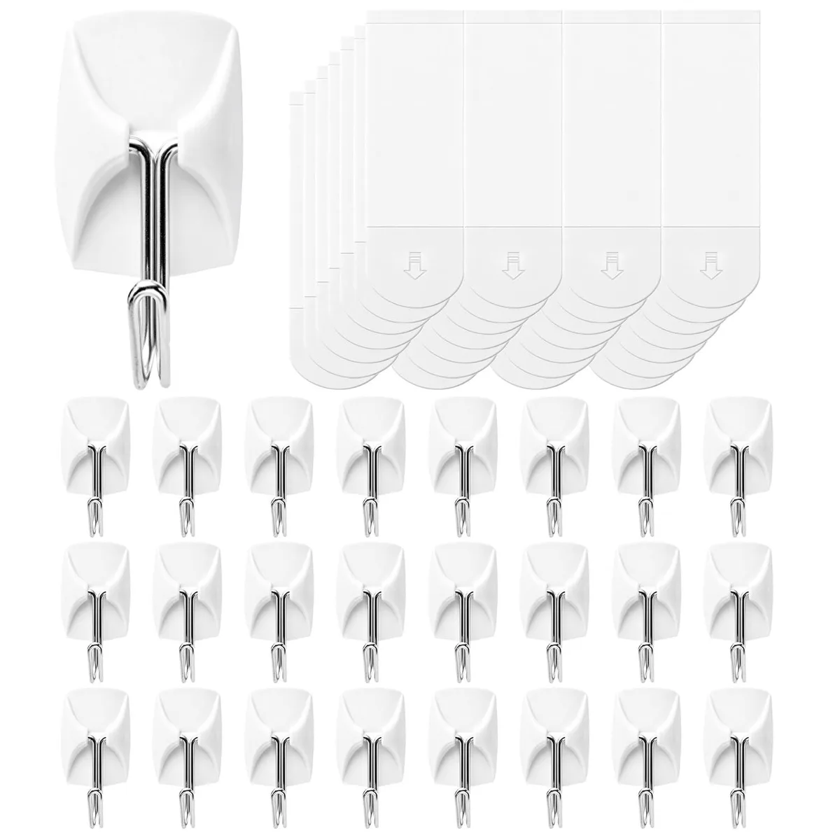 Twenty-five small white hooks with twenty-eight clear adhesive strips