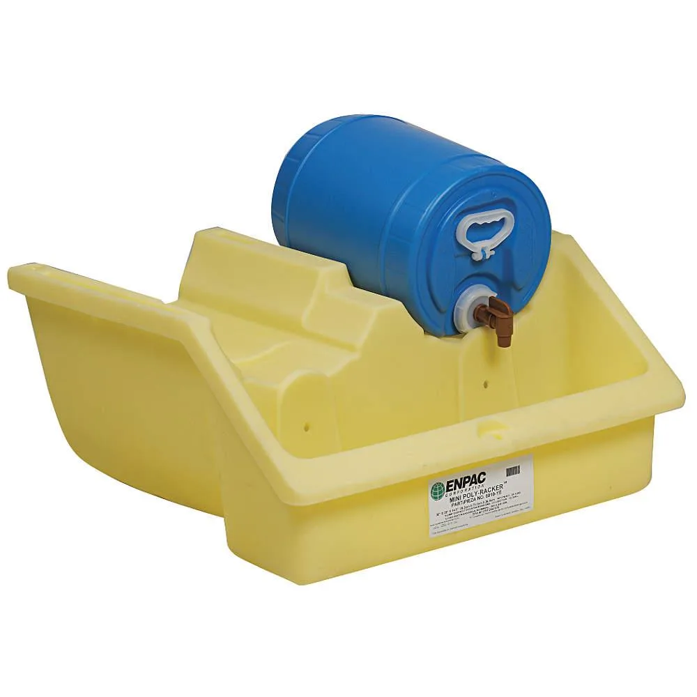 Yellow polyethylene pail containment unit, stationary rack base with built-in sump for two containers