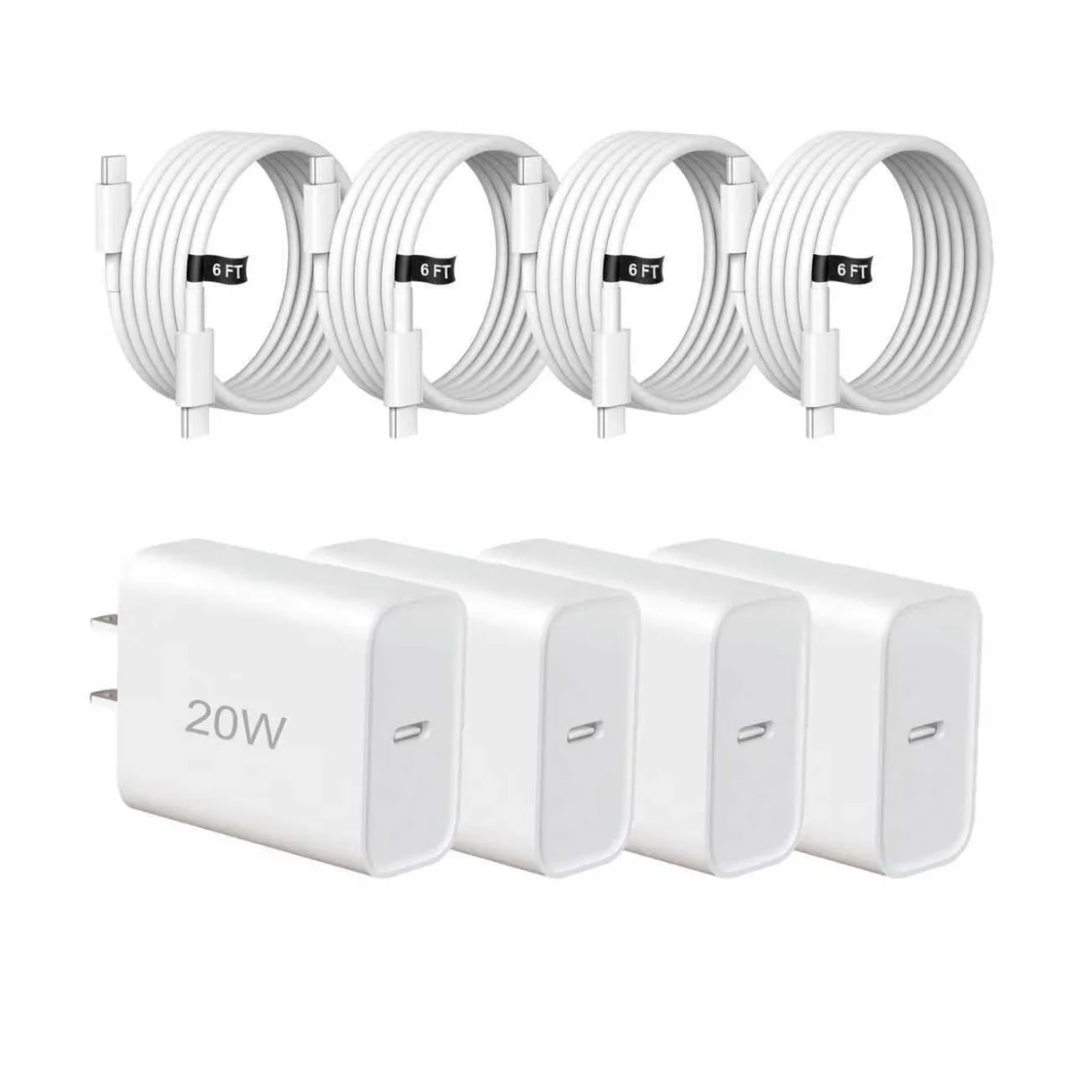 Four white USB-C wall chargers with four matching 6ft cables