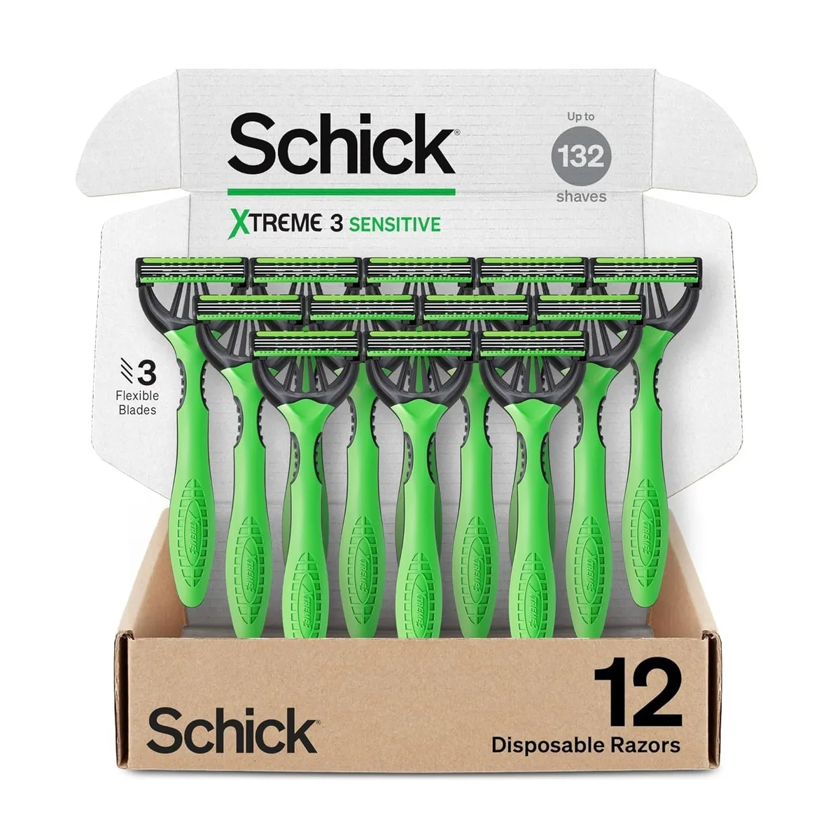 Pack of twelve disposable triple-blade razors with lubricating strips and ergonomic handles