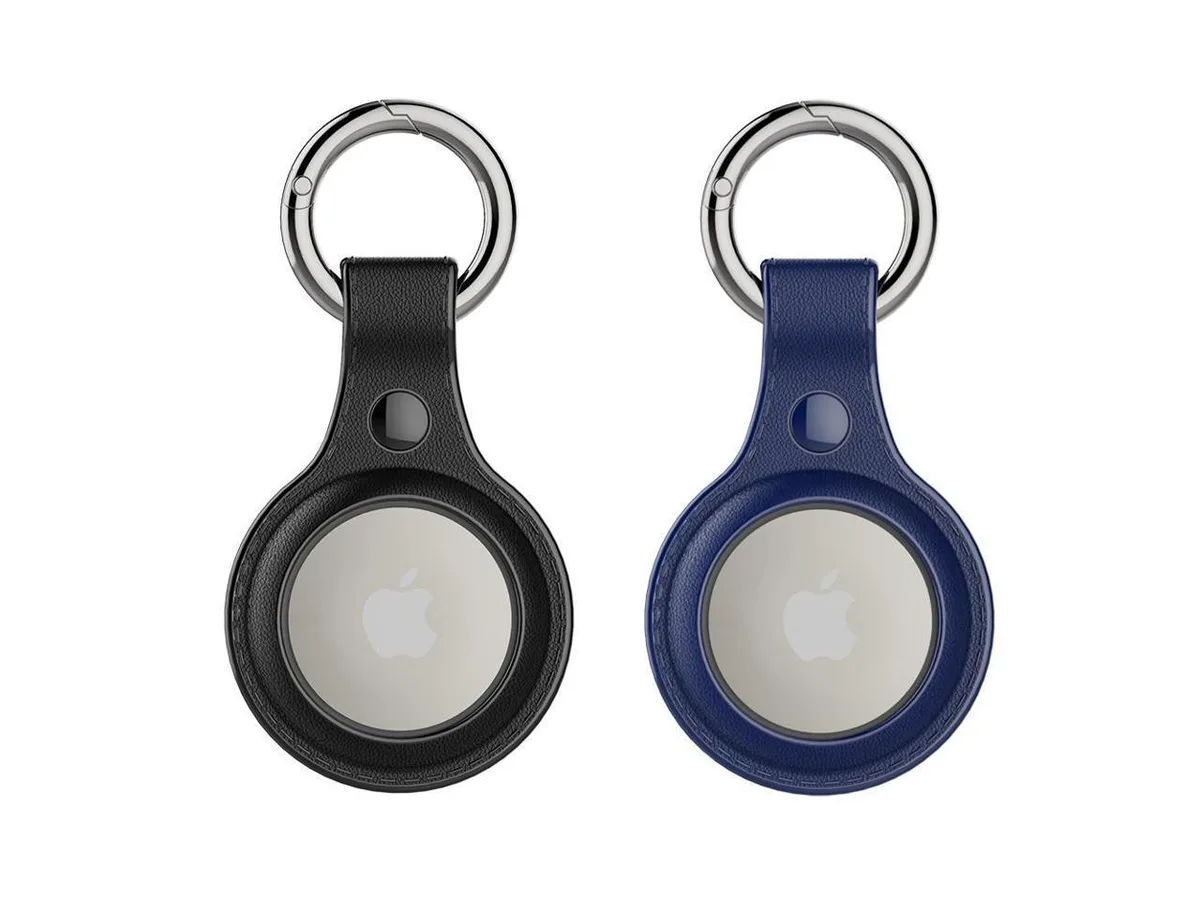 Two light blue leather AirTag cases with metal key rings
