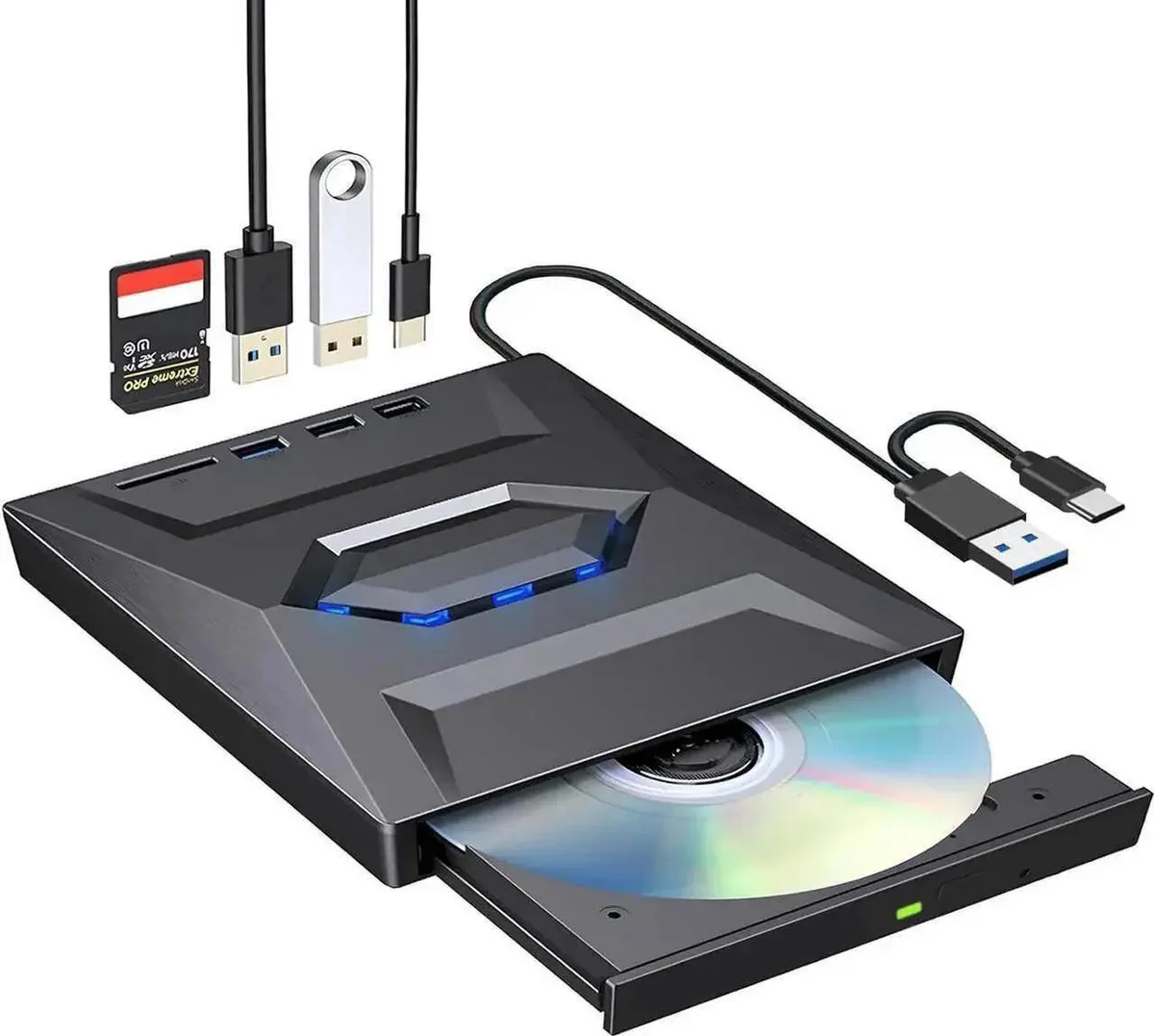 Vszerda Vszerda External CD DVD Drive USB 3.0 USB-C Duplicator with Hub Card Reader — product photo