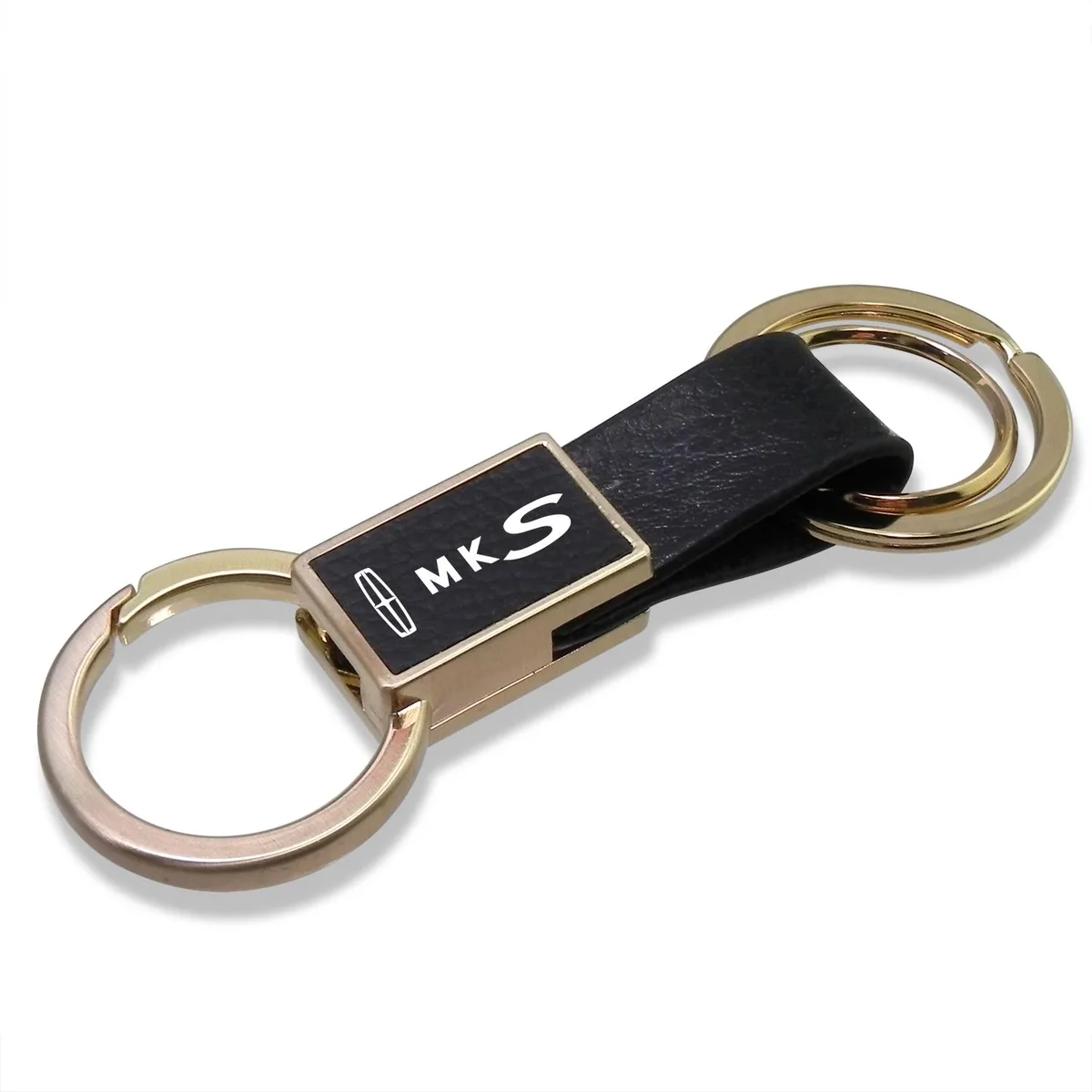 Black leather key fob with gold metal block and carabiner hook