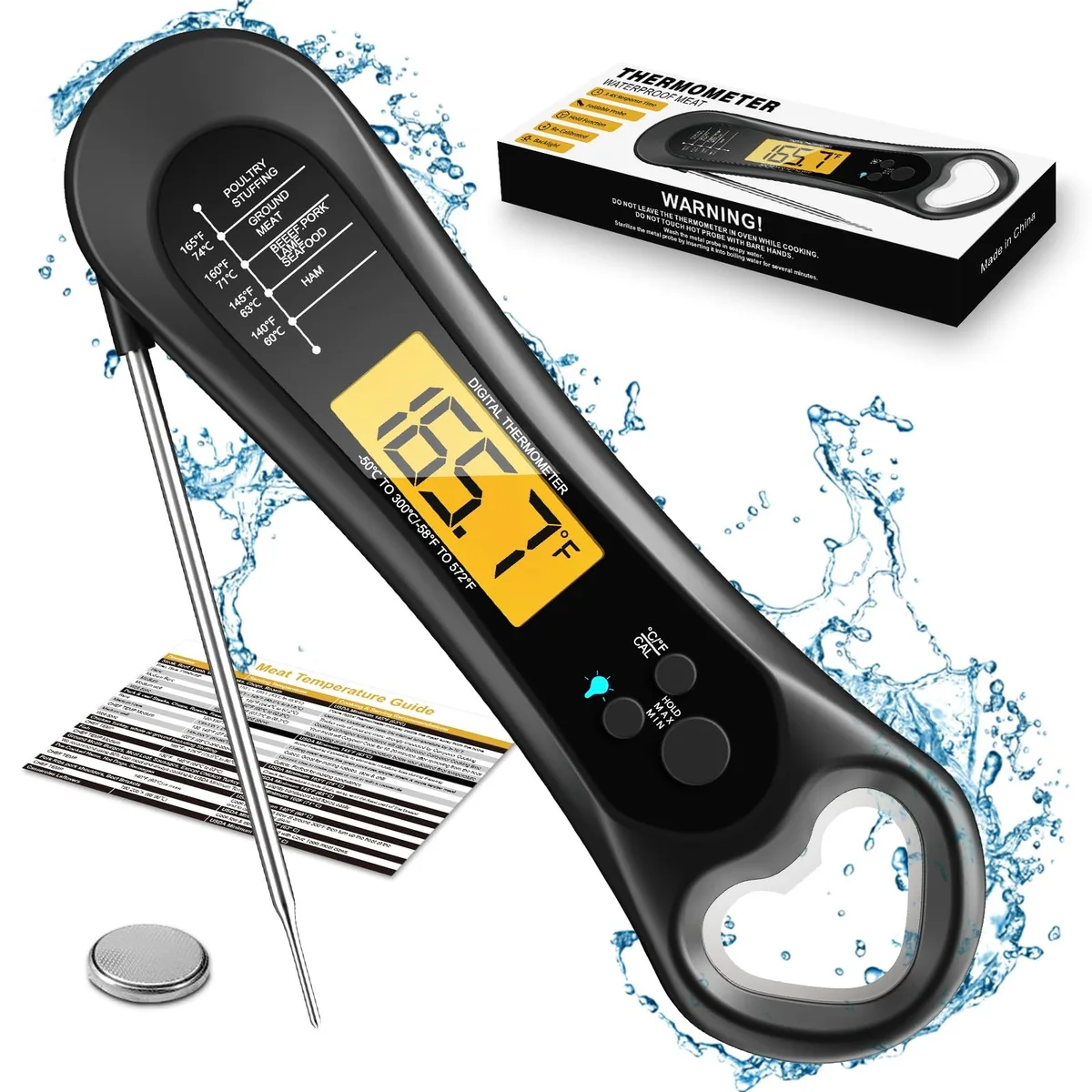 Grey digital meat thermometer with 4.1 inch folding probe and bottle opener