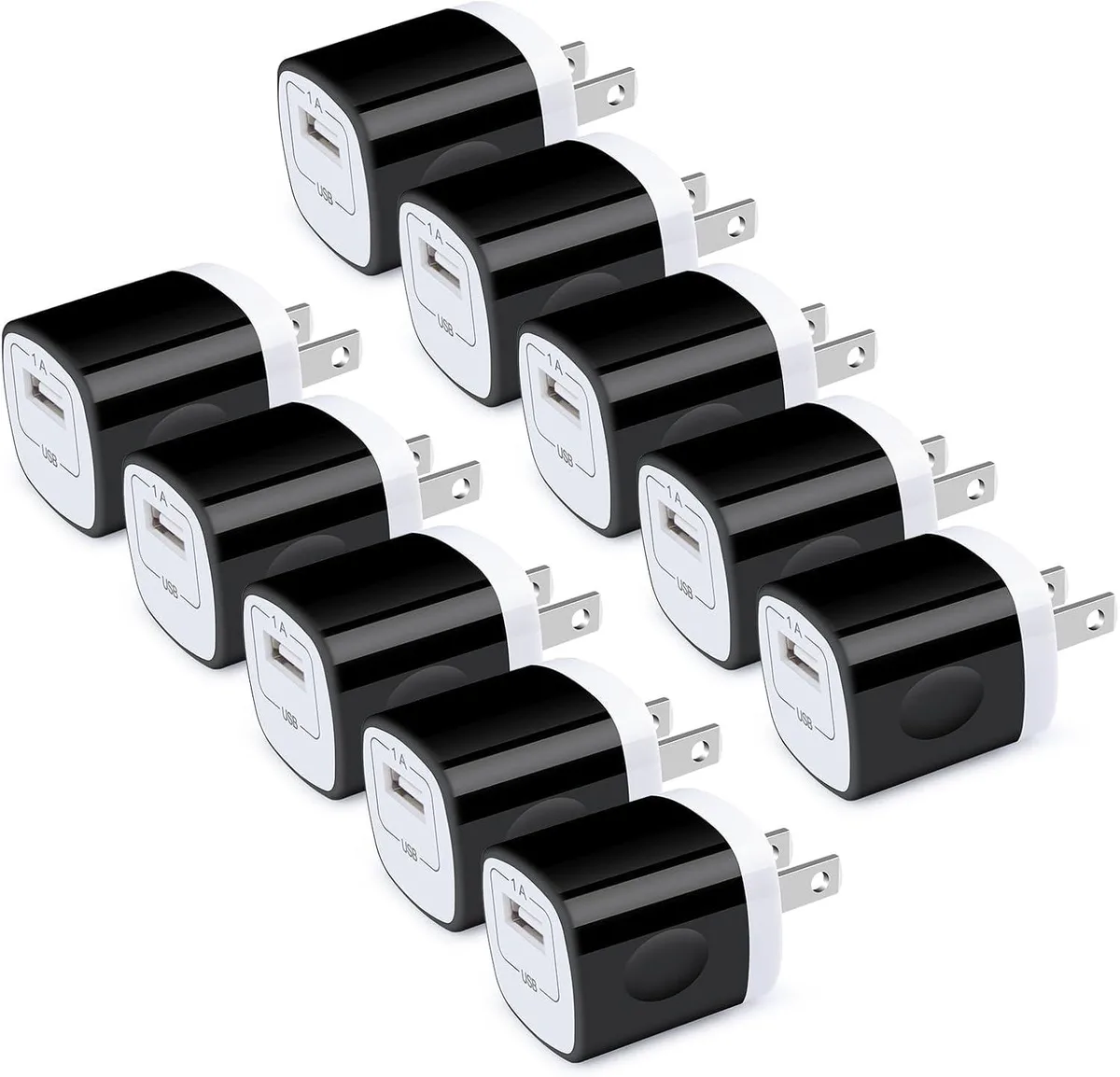 Ten small white USB wall charger cubes in a row