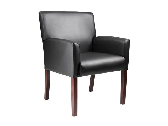 BOSS Office Products BOSS Office Products B629M mid-back box arm chair, mahogany frame, black Caressoft upholstery, 275 lb capacity — product photo