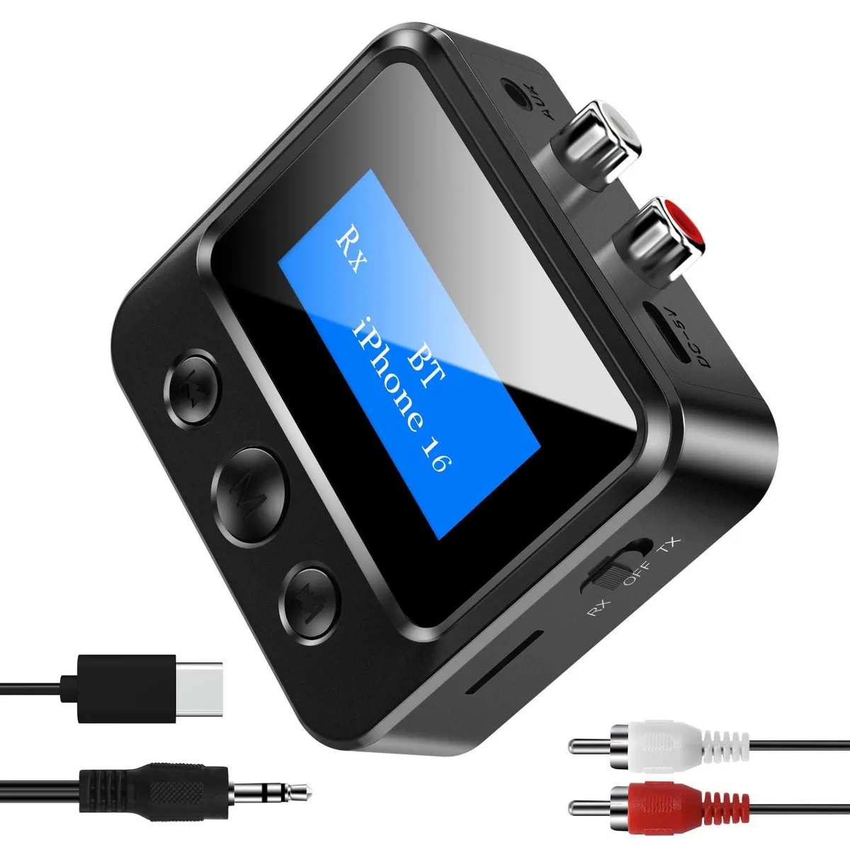 Black rectangular Bluetooth 5.0 audio receiver with LCD screen, RCA and 3.5mm ports, TF card slot, touch controls