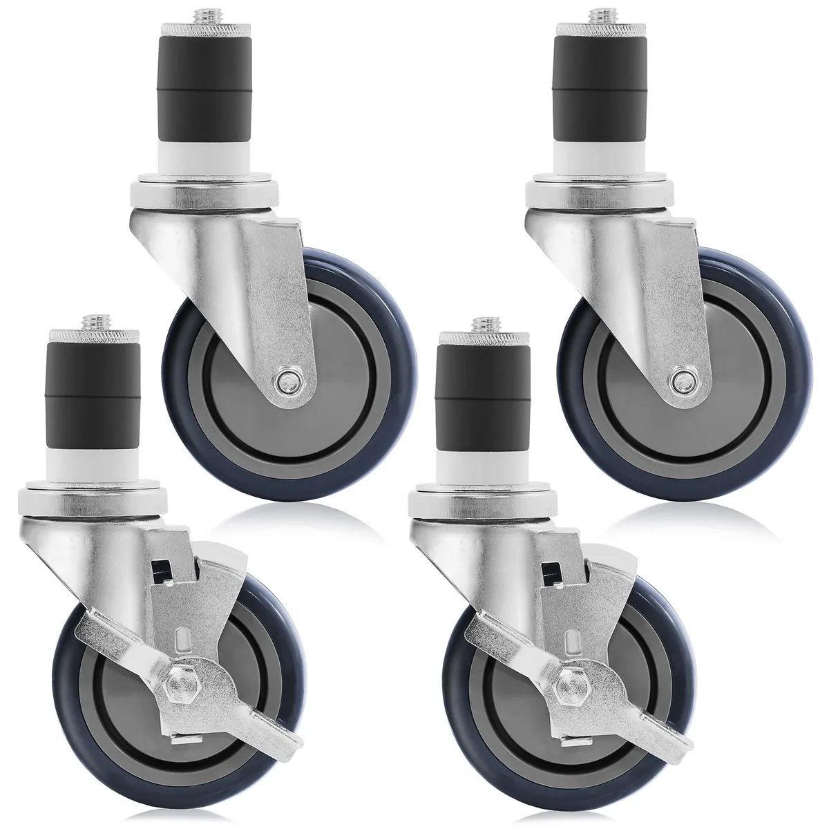 Set of four zinc-plated casters, two with brakes, two without, 4 inch wheels