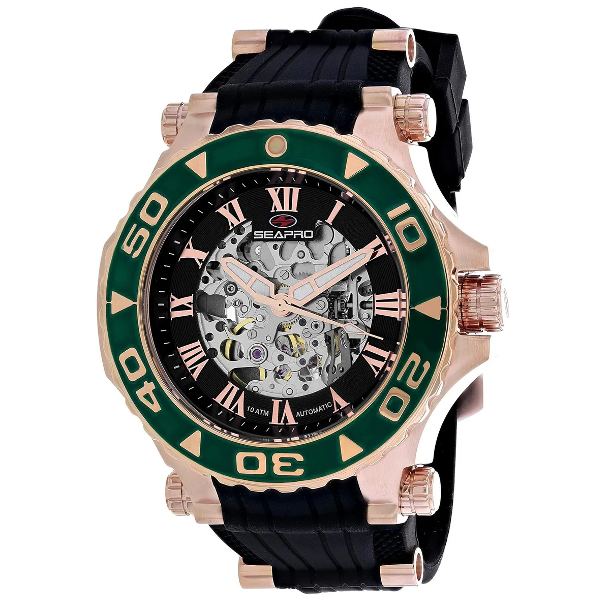 Stainless steel automatic watch with black dial and rubber strap