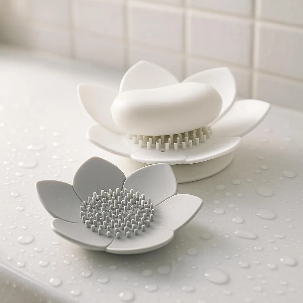 Two silicone lotus flower soap dishes, white and grey, with drainage holes