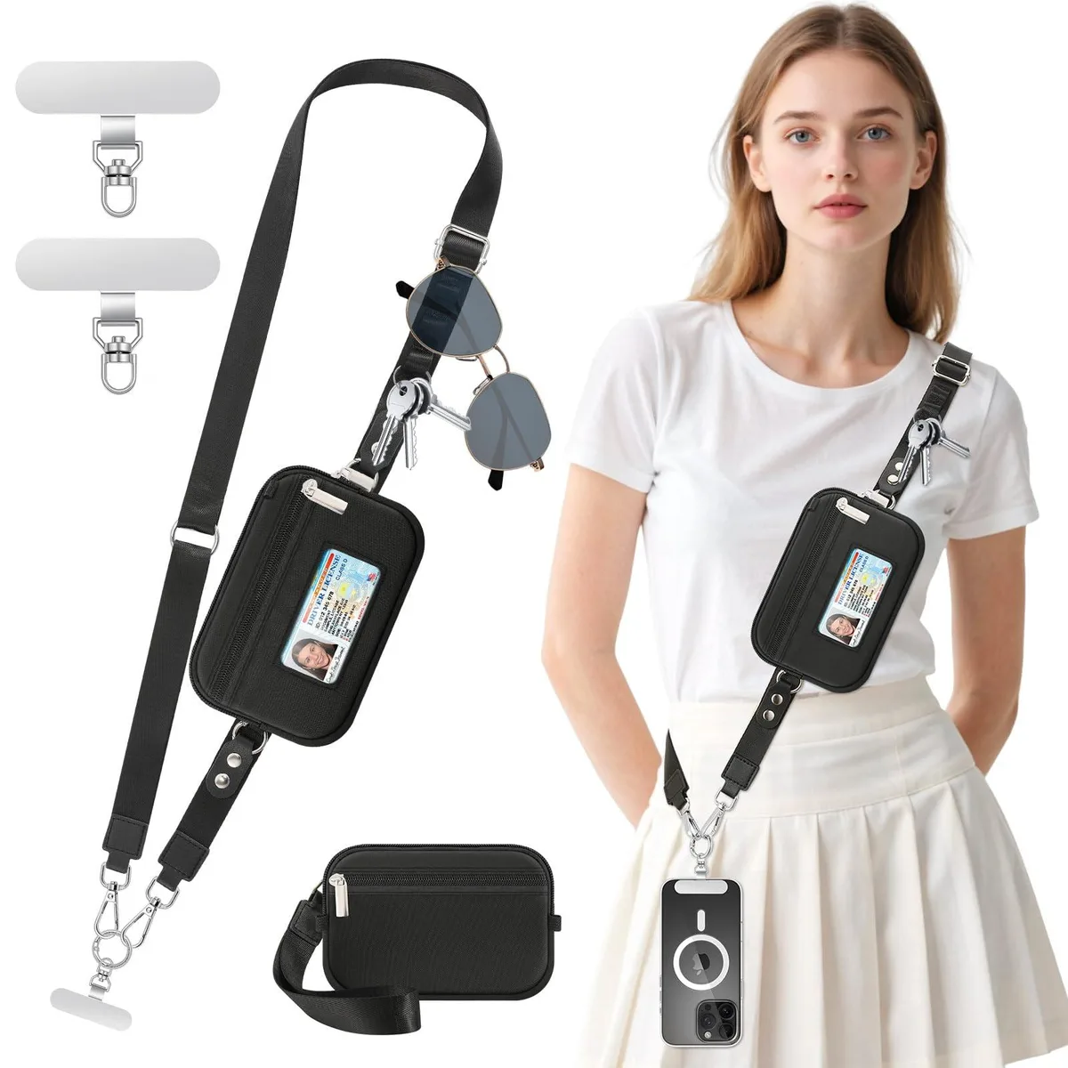  MoKo Adjustable Phone Crossbody Lanyard with Detachable RFID Wallet Black — product photo