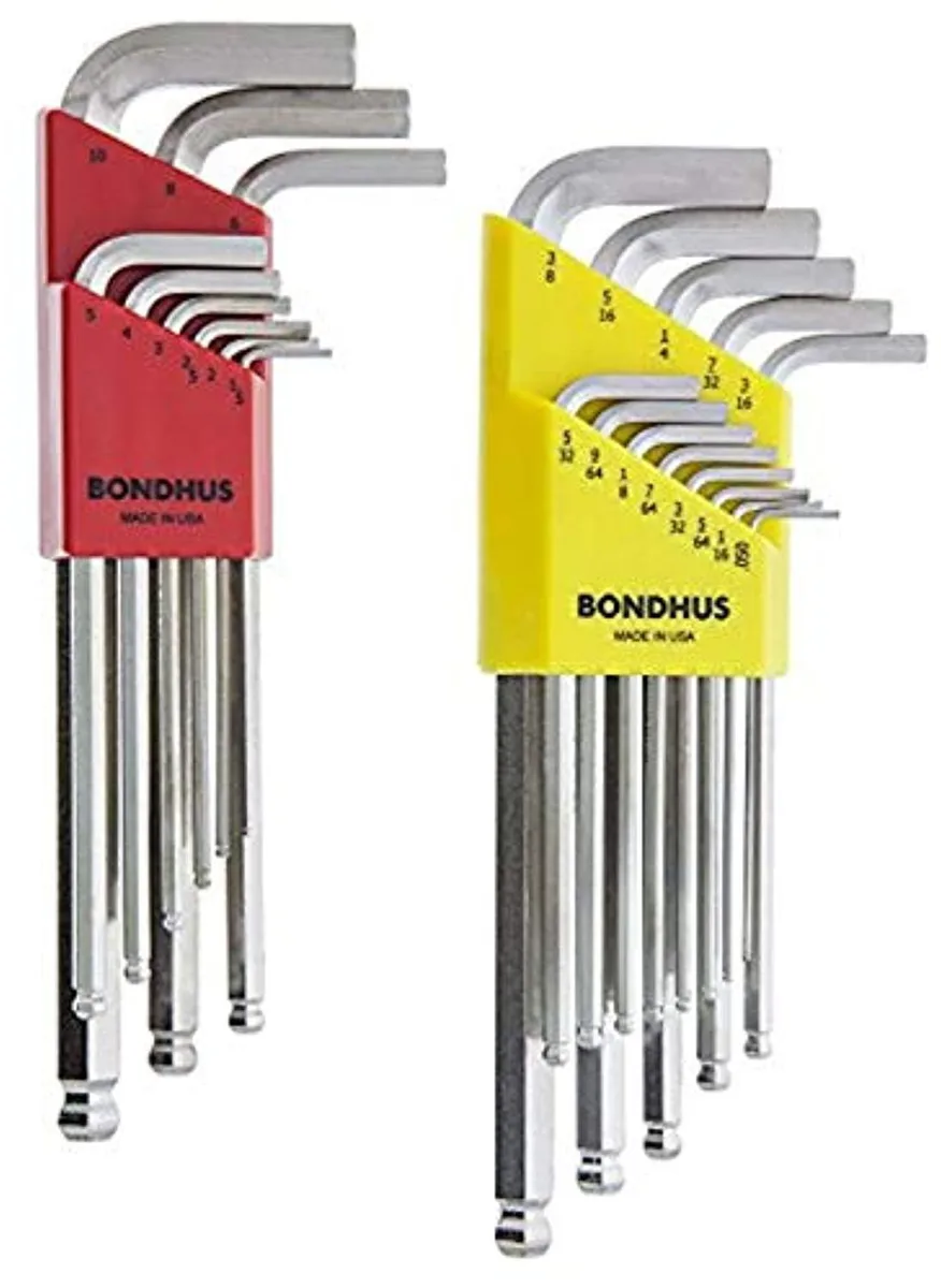 Thirteen L-shaped hex keys with ball ends and a silver finish on the long arms, shown together in a set
