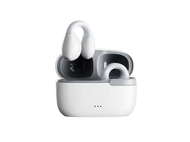 White ear-clip bone conduction headset with silicone loops