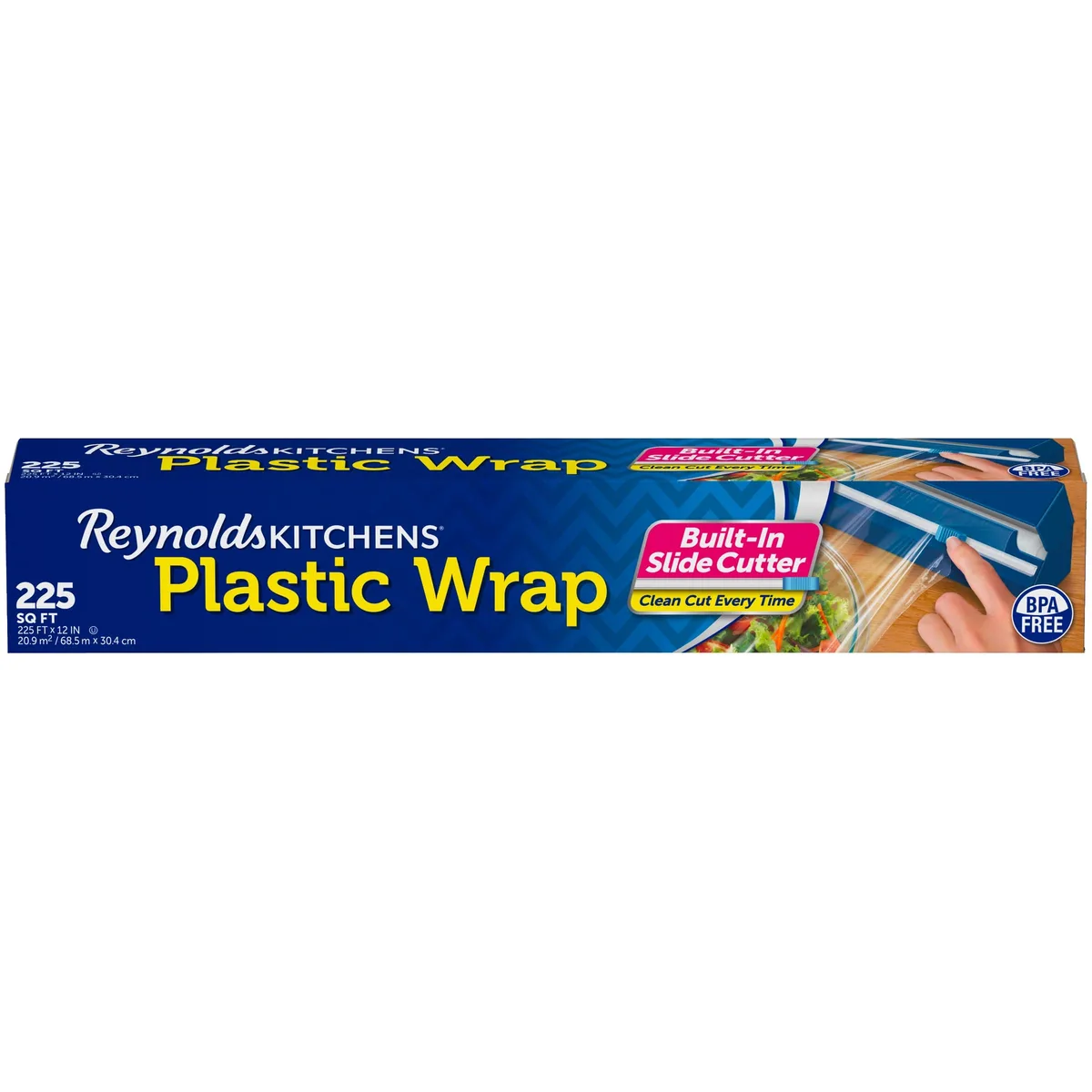 Clear plastic wrap roll in rectangular box with slide cutter, 12 inches wide