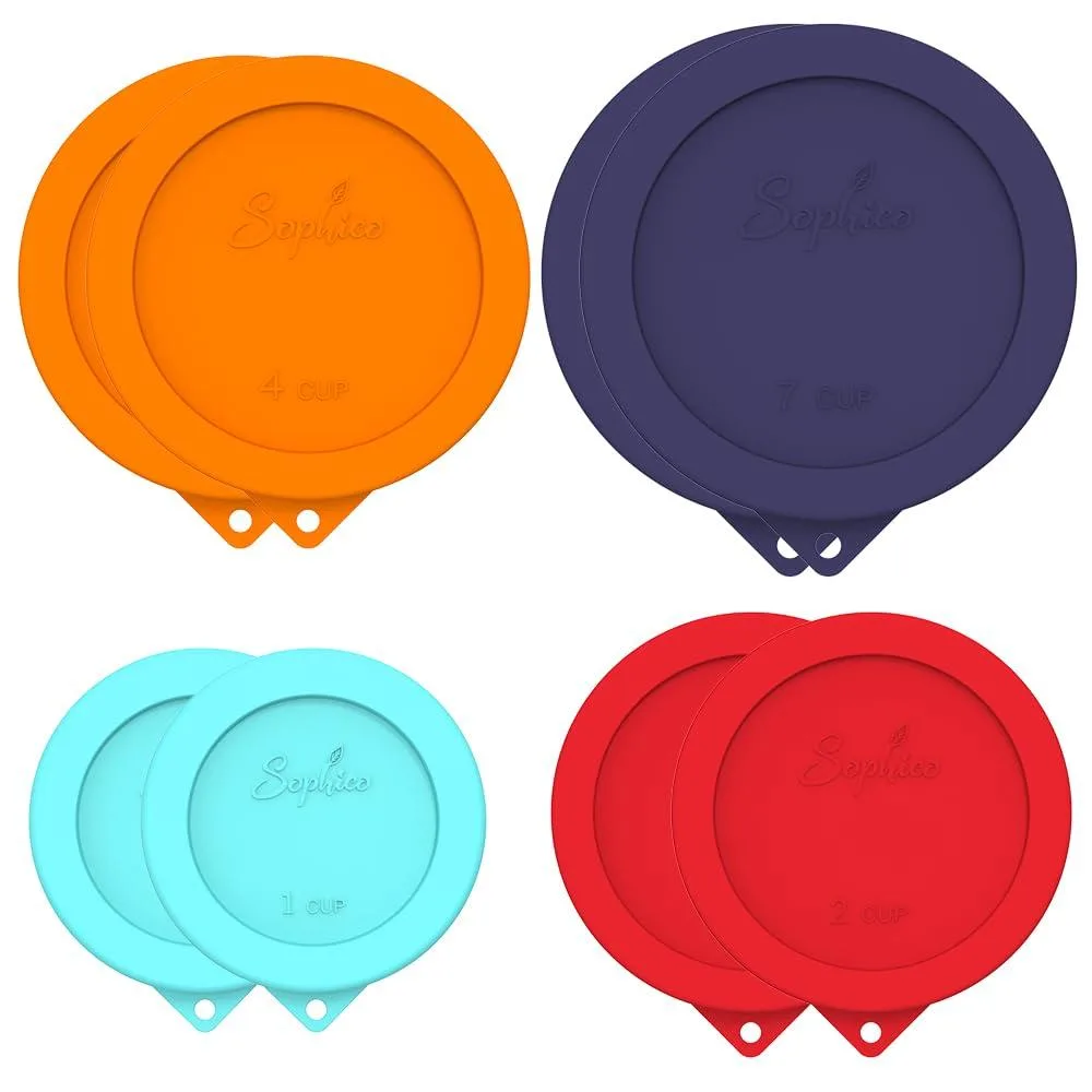 Eight blue round silicone lids with hanging holes, various sizes