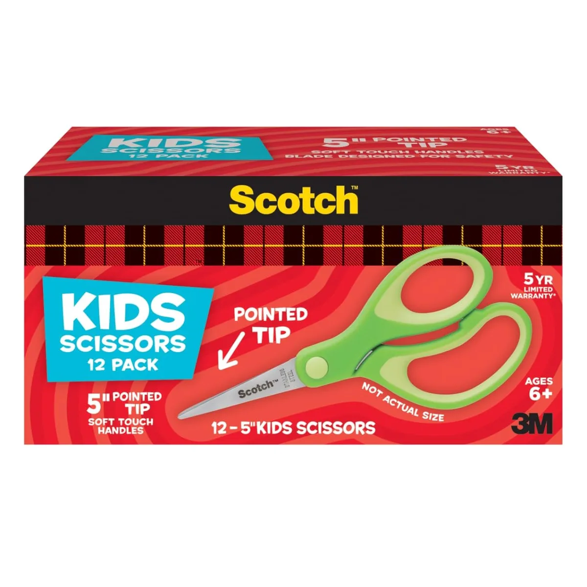 Twelve five-inch pointed-tip kids scissors with assorted colour soft-touch handles