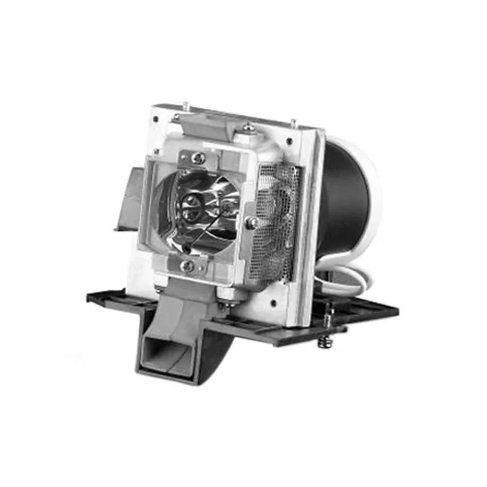 Projector lamp module in rectangular housing with bare bulb visible
