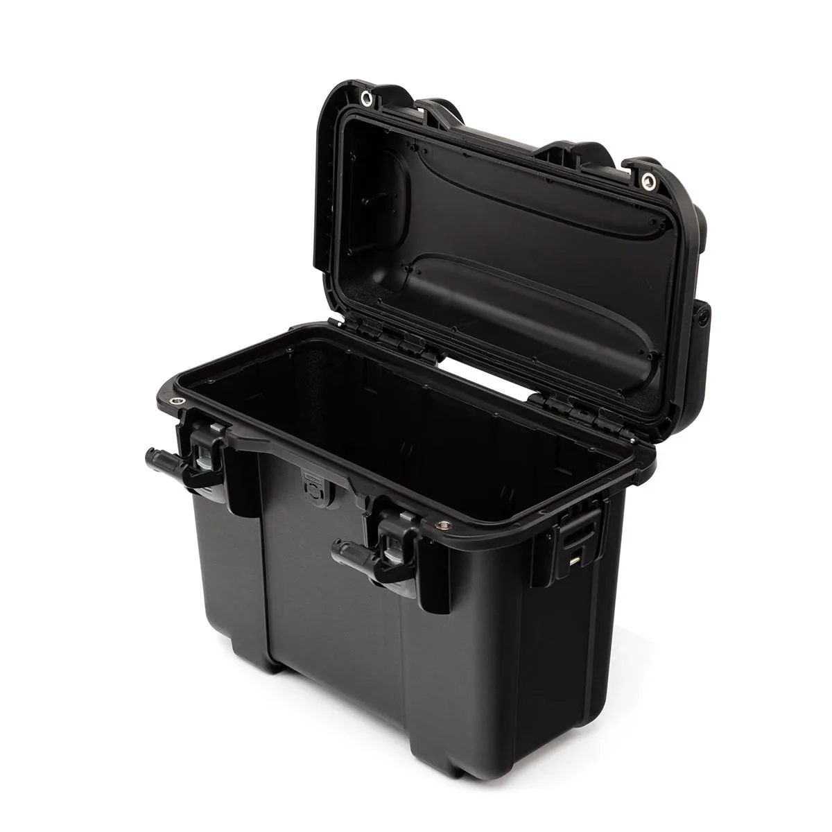 Black rectangular hard camera case with top lid and latches