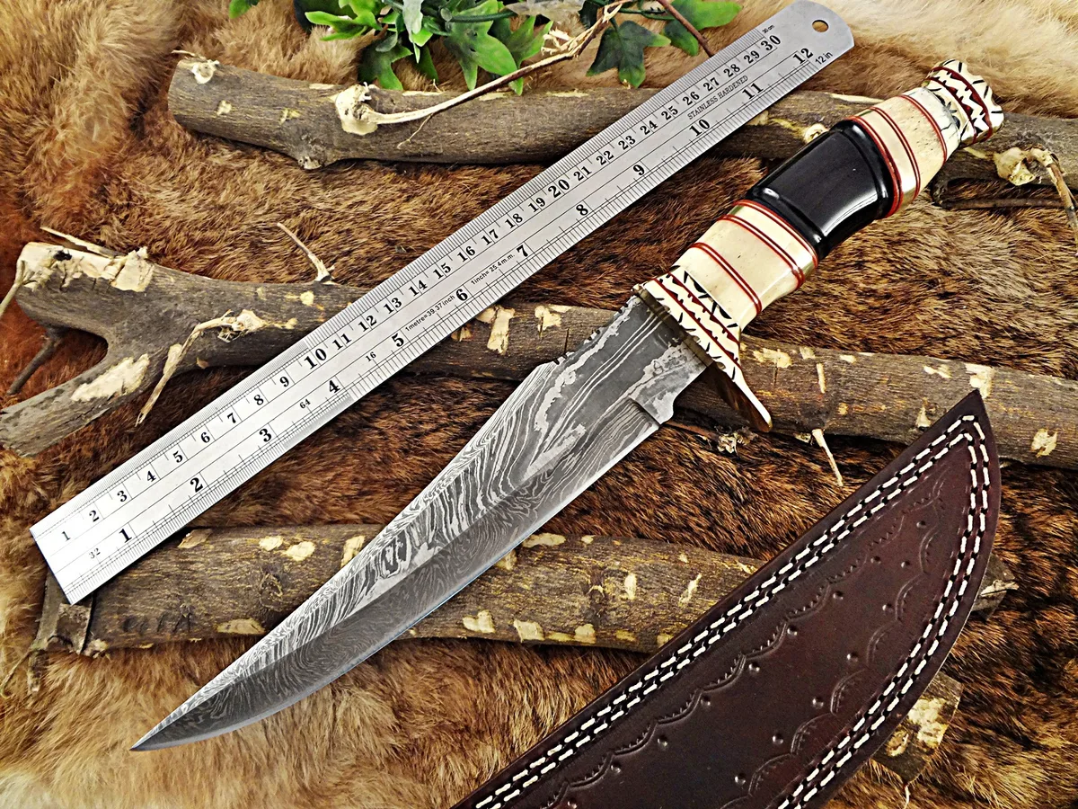 Damascus Depot Damascus Depot 13.5" Hunting Knife Camel Bone Bull Horn Brass 465-Layer 1095/15N20 56-58 HRC Sheath — product photo