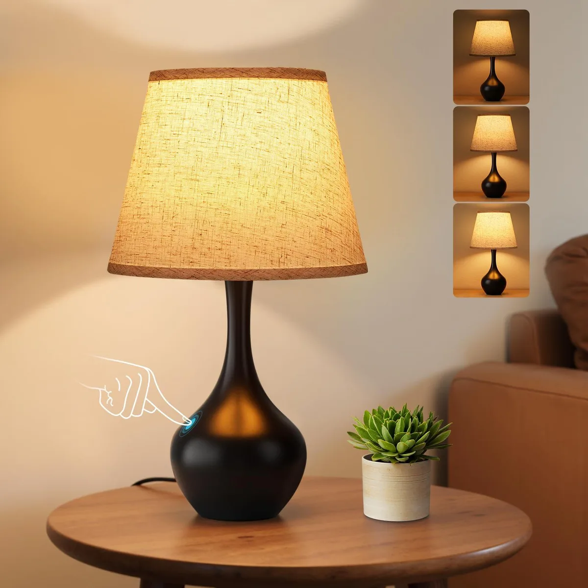 Black and beige metallic table lamp, 16.1 inches tall with linen shade